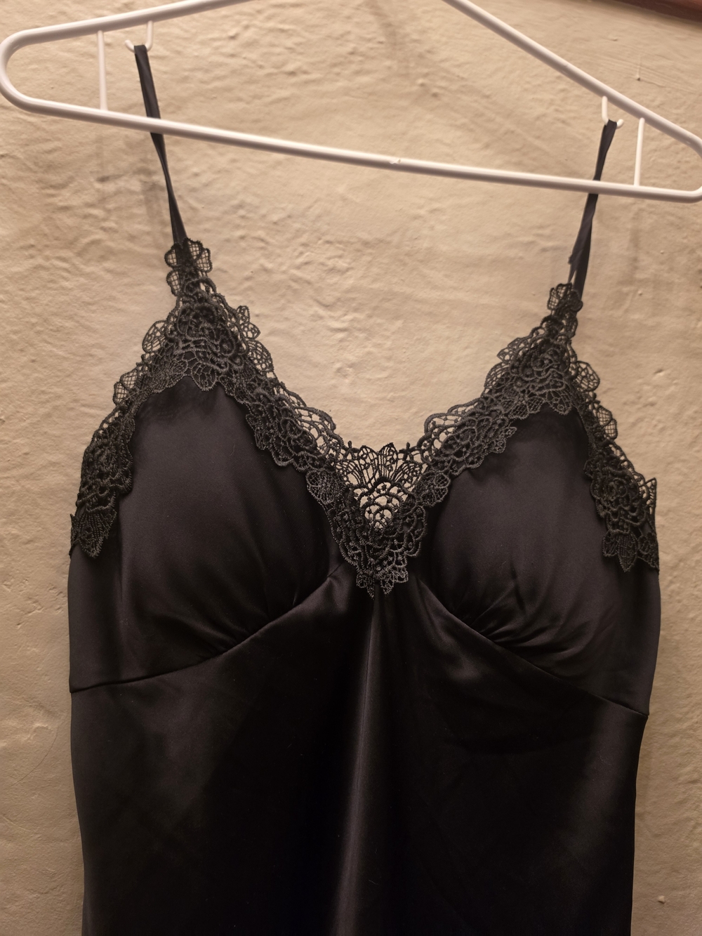 Black Satin Lace Appliqué Slip Dress Chemise Lingerie Nightgown L - Picture 4 of 10